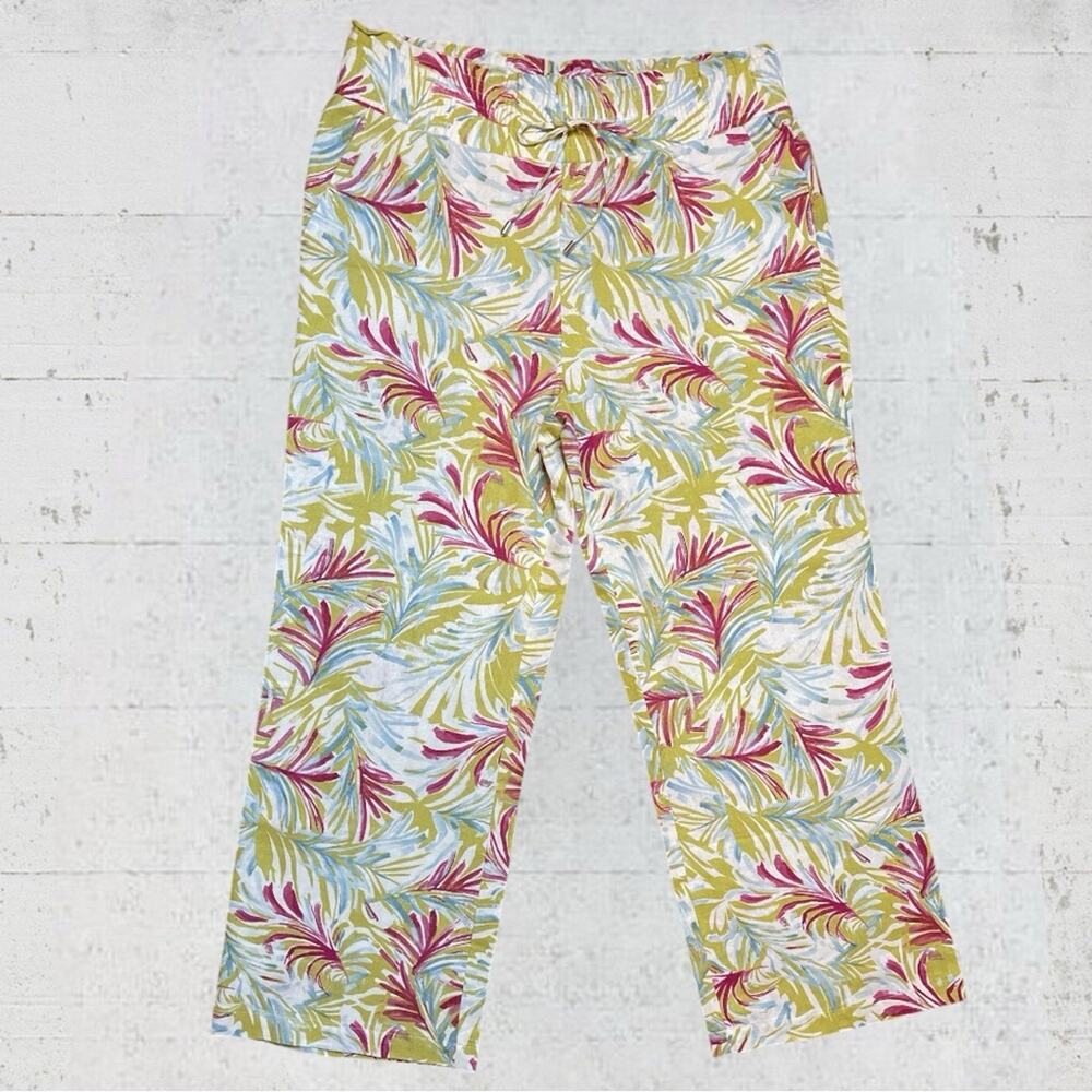 Land N Sea Pants Women’s Linen Blend Floral Tropical Wide Leg Hawaiian Size L